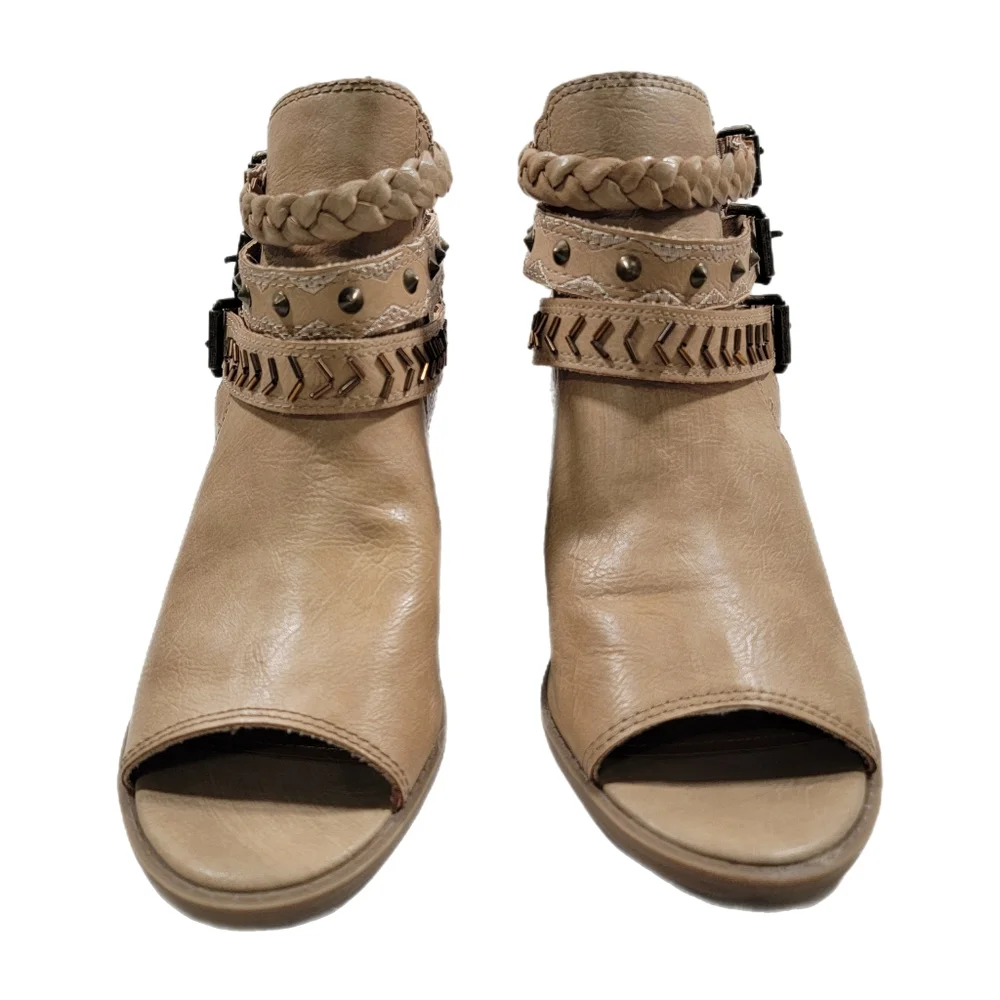 Sugar Womens Riverdale Ankle Booties Brown Block Heel Studded Beads Back Zip 9.5